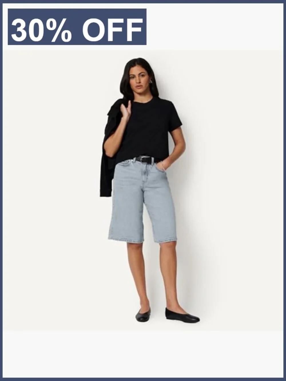 Women's Relaxed-Fit Mid-Rise Long Jean Shorts Bermuda Denim Stretch